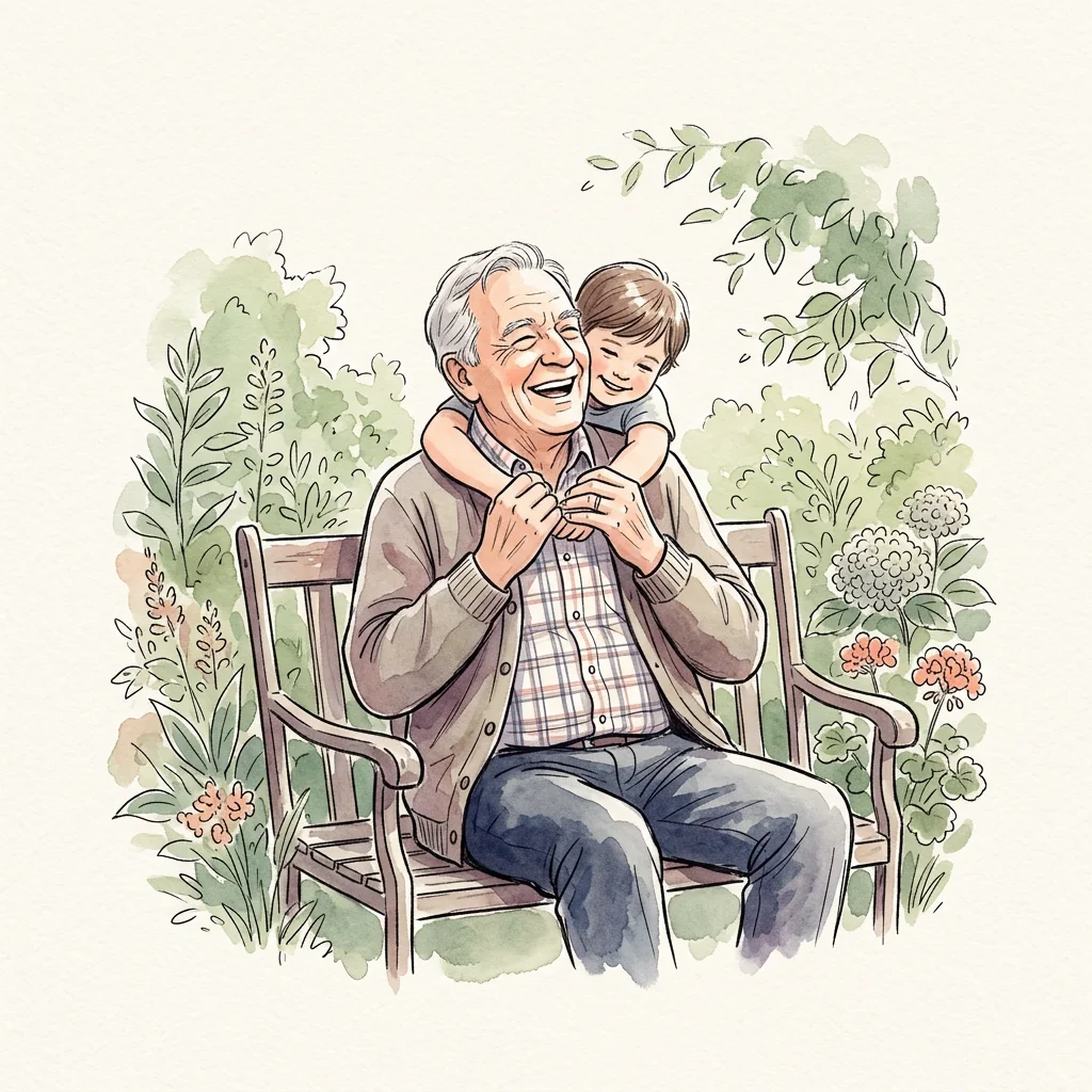 Illustration of a grandfather hugged by his grandchild on a garden bench