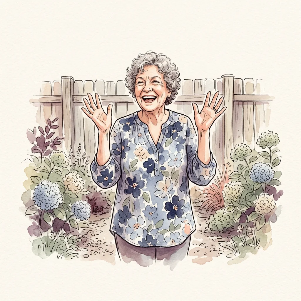 Illustration of an older woman laughing in her garden